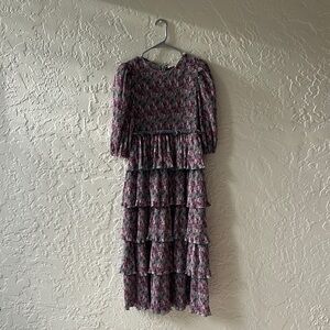 Floral Tiered Midi Dress in Pink and Black